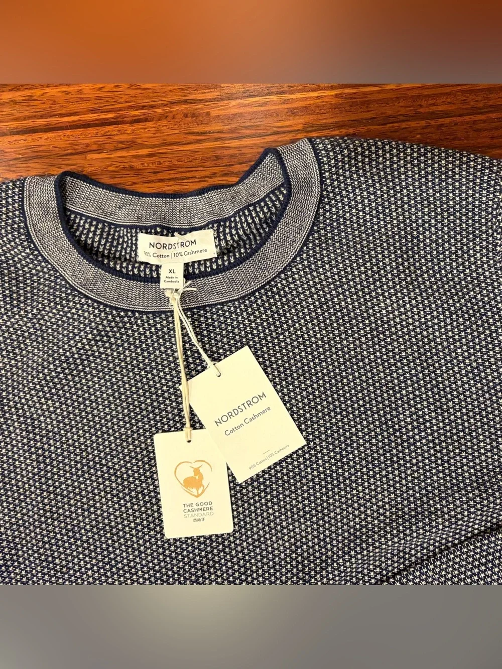 NWT Nordstrom Men's XL Navy & Oatmeal Birdseye Cashmere Cotton Sweater